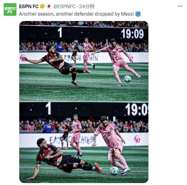 名场面记录!ESPN晒照:又一个赛季,又一名后卫被梅西扣倒
